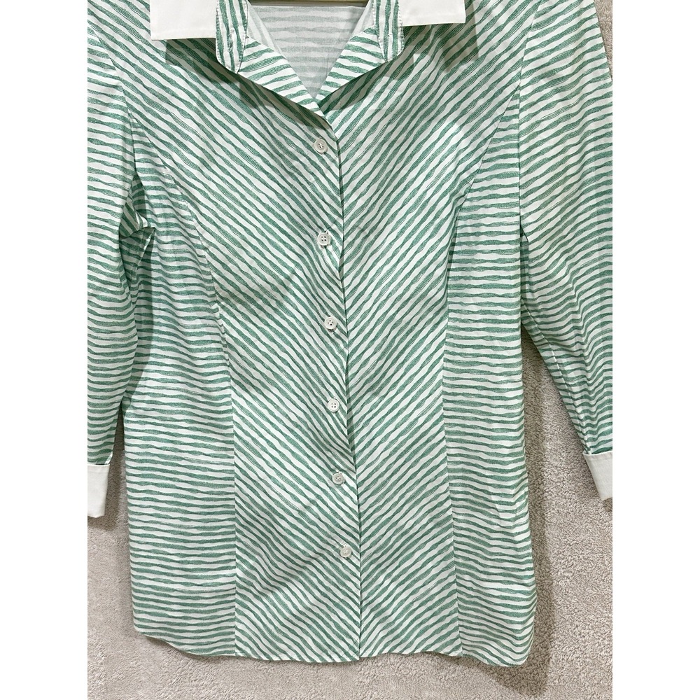 Lafayette 148 Striped Button Up Shirt Size 2 Green‎ White 3/4 Sleeve Luxury - Picture 2 of 6